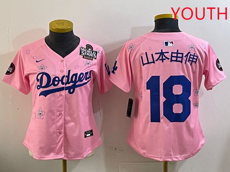 Youth Los Angeles Dodgers #18 Yamamoto Pink Sakura Edition 2025 Nike MLB Jersey style 3